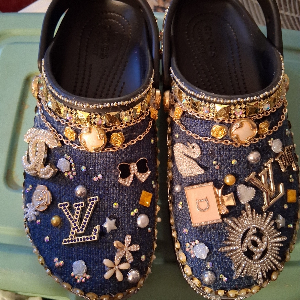 17. Customized crocs platform with denim covering and bling charms
